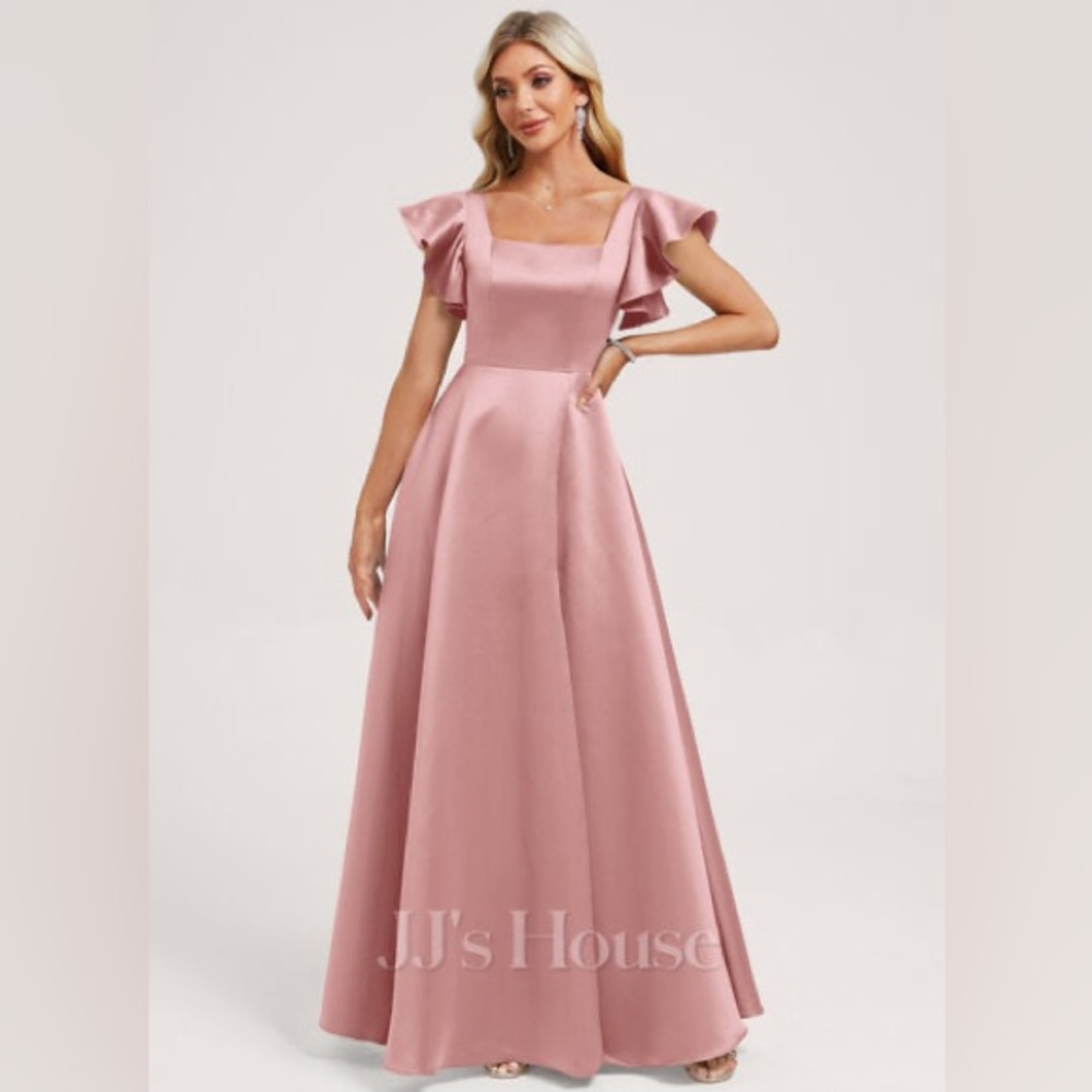 A-line Square Floor-Length Satin Bridesmaid Dress With Ruffle